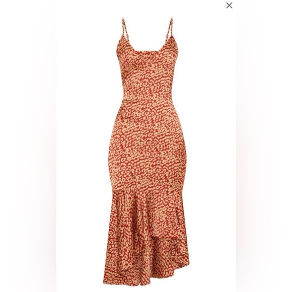 PrettyLittleThing Red Leopard Midi Dress NWT Size 4 Frill Hem Satin Look - Picture 4 of 7